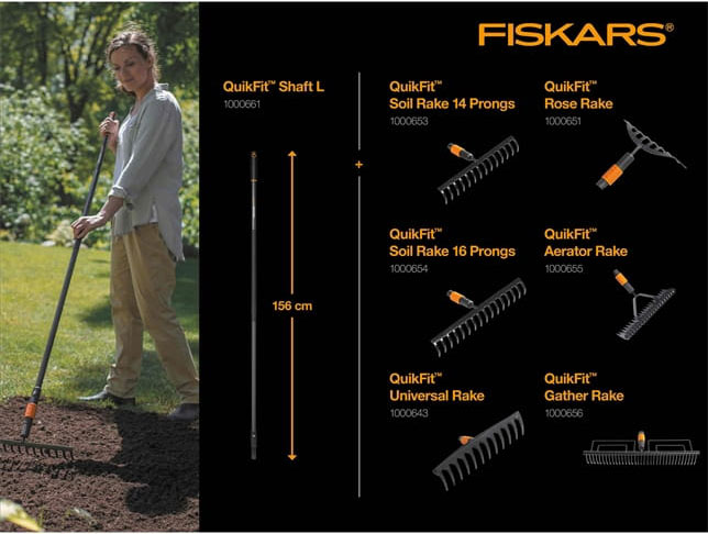 Trzonek (L) 156 cm QuikFit Fiskars – kompatybilne końcówki grabie
